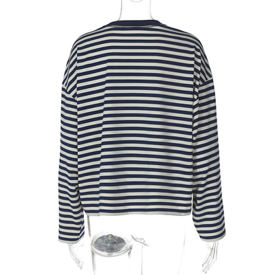 Élégance Rayée™ – T-shirt Loose à Manches Longues avec Col Rond