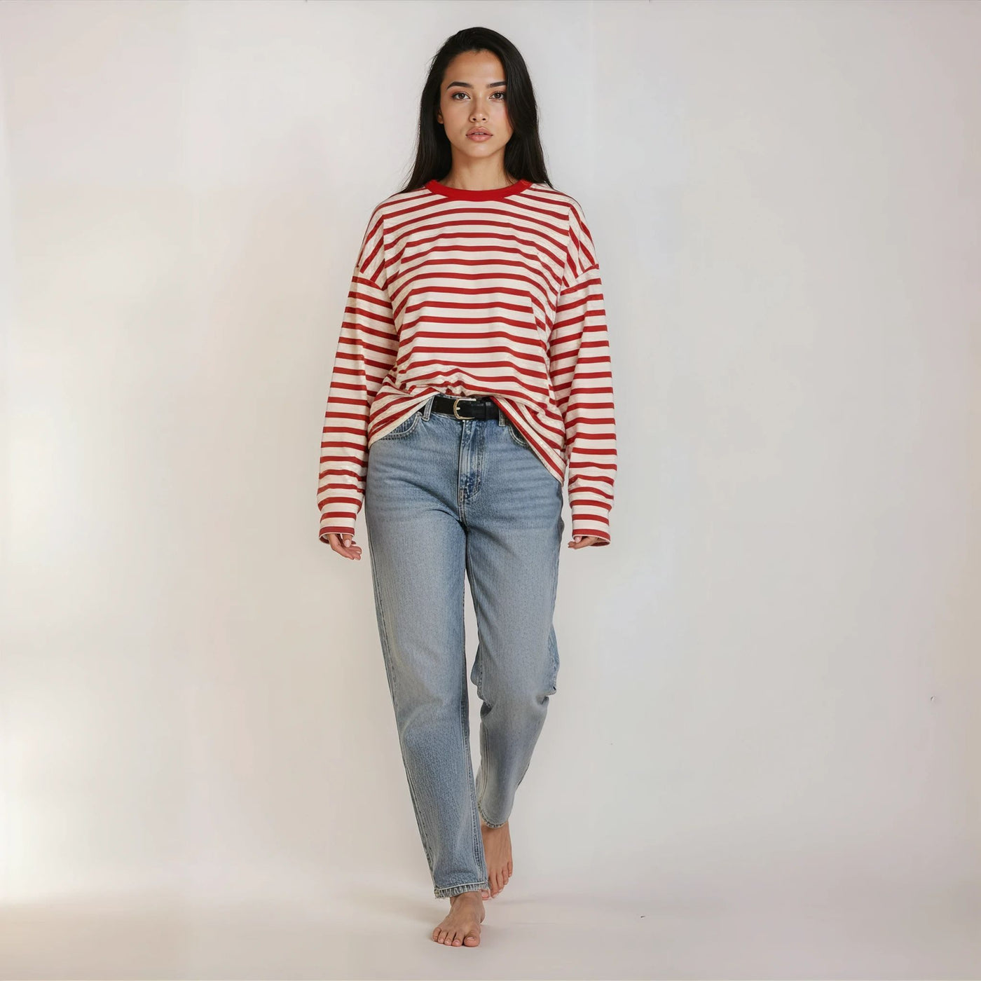 Élégance Rayée™ – T-shirt Loose à Manches Longues avec Col Rond